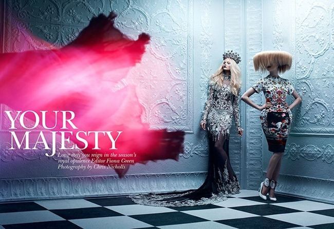 FLARE MAGAZINE: EMILY FOX, FINLAY MOORE & DANI IN "YOUR MAJESTY" BY PHOTOGRAPHER CHRIS NICHOLLS
