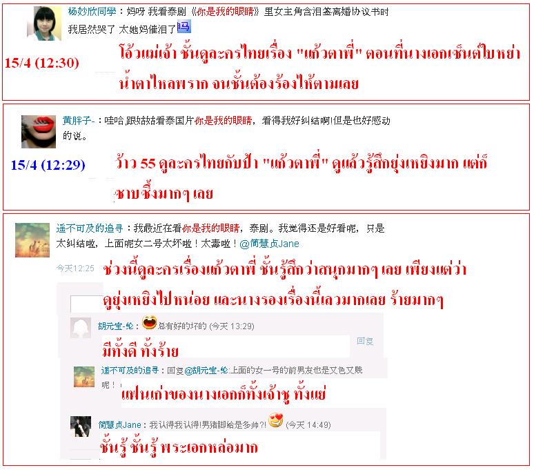 ฟีดแบ็ค <แก้วตาพี่>.....จากใจสาวจีน........