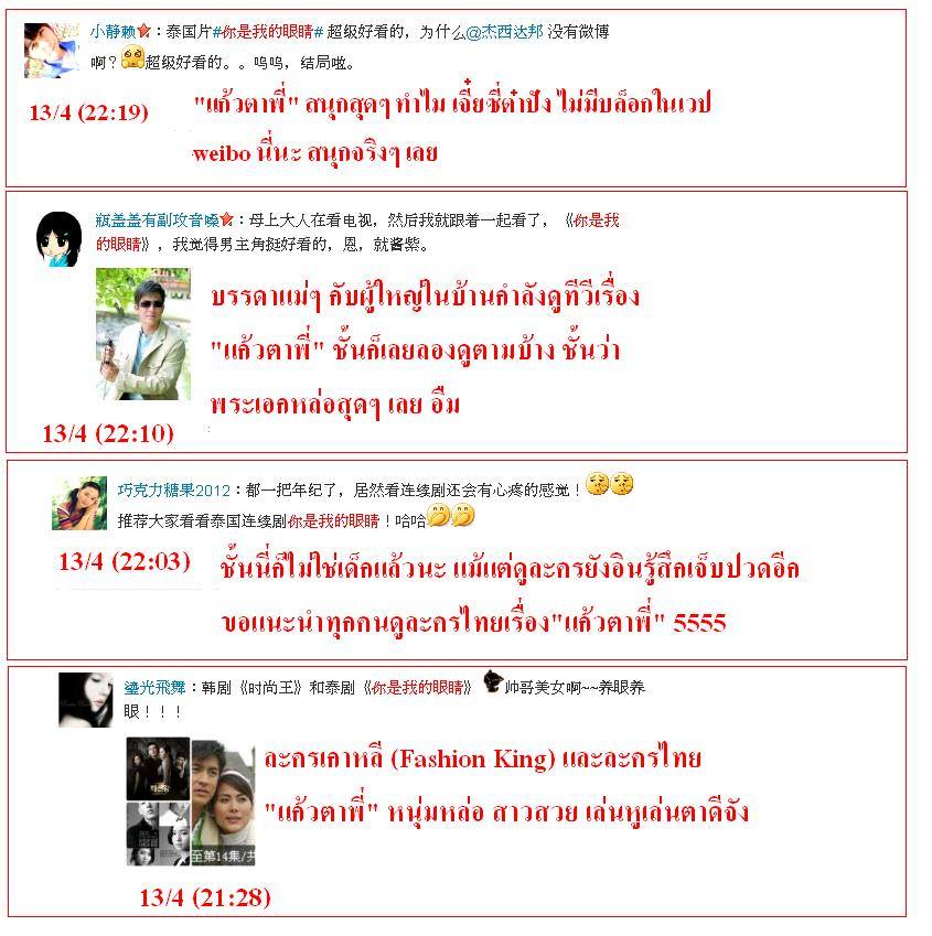 ฟีดแบ็ค <แก้วตาพี่>.....จากใจสาวจีน........