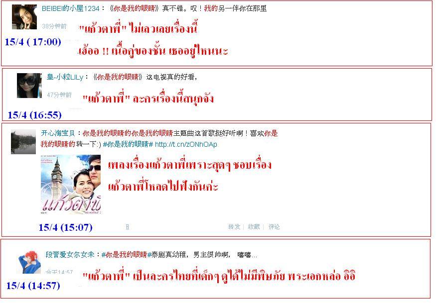 ฟีดแบ็ค <แก้วตาพี่>.....จากใจสาวจีน........