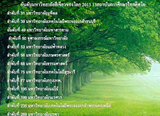 ผลสำรวจมหาวิทยาลัยทั่่วโลก ที่เป็นมิตรกับสิ่งแวดล้อมมากที่สุด โดย UI มี 13 ม.ของไทยติดอันดับดังนี้