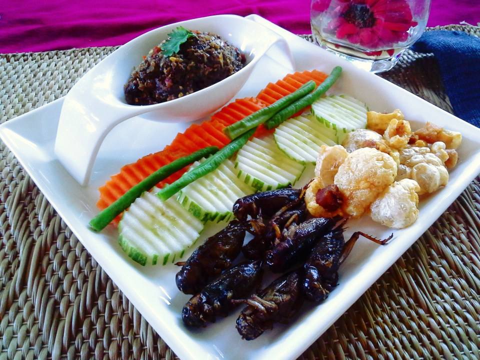 น้ำพริกจิกกุ่งเสริฟพร้อมกับแมลงทอดกรอบ