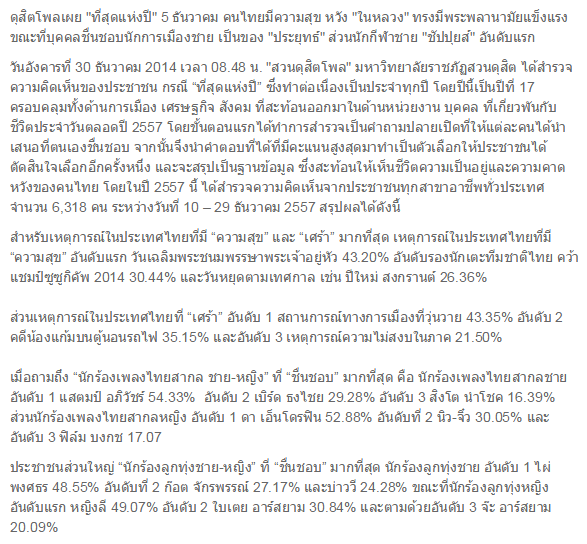 สวนดุสิตโพล เผย ที่สุดแห่งปี 2557 "อั้ม-พัชราภา" นักแสดงที่ชาวไทยทั้งประเทศชื่นชอบมากที่สุด อันดับ 1