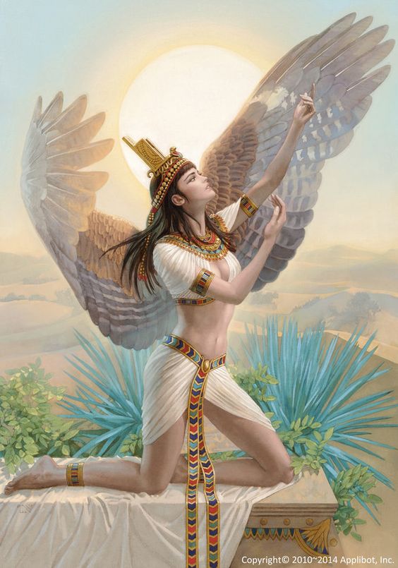 เทวีไอสิส (Isis) ชายาเทพโอซิริส รูปพระลักษณ์เป็นมนุษย์ที่มีศีรษะเป็นวัว ...หรือมีดวงจันทร์สวมบนศีรษะ