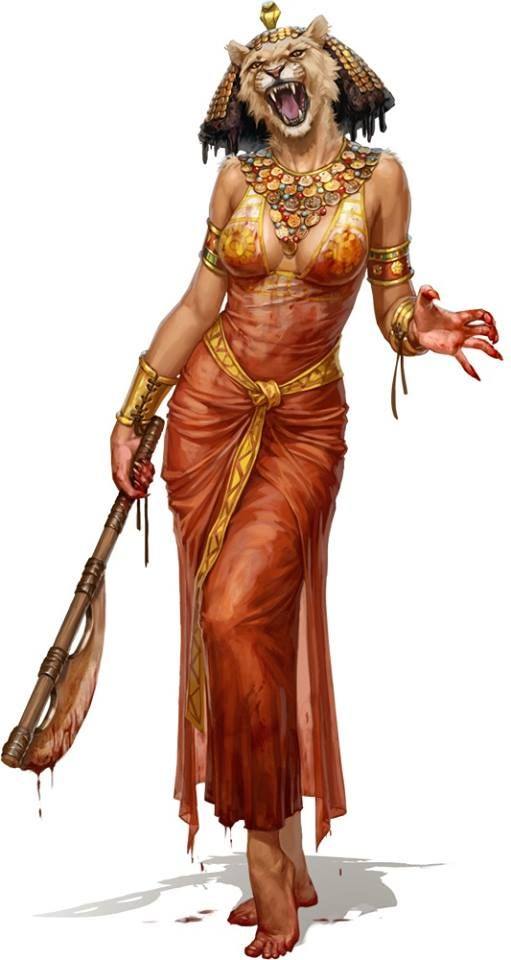 เทวีเซ็คเมท (Sekhmet) เทวีสิงโตแห่งเมมฟิส ธิดาของสุริยเทพราซึ่งได้รับเทวโองการให้เที่ยวขจัดคนชั่วผู้คิดกบฏต่อองค์สุริยเทพ กลายเป็นสัญลักษณ์ของความโหดร้ายน่าสะพรึงกลัวจนสุริยเทพต้องทรงใช้อุบายทำให้กล