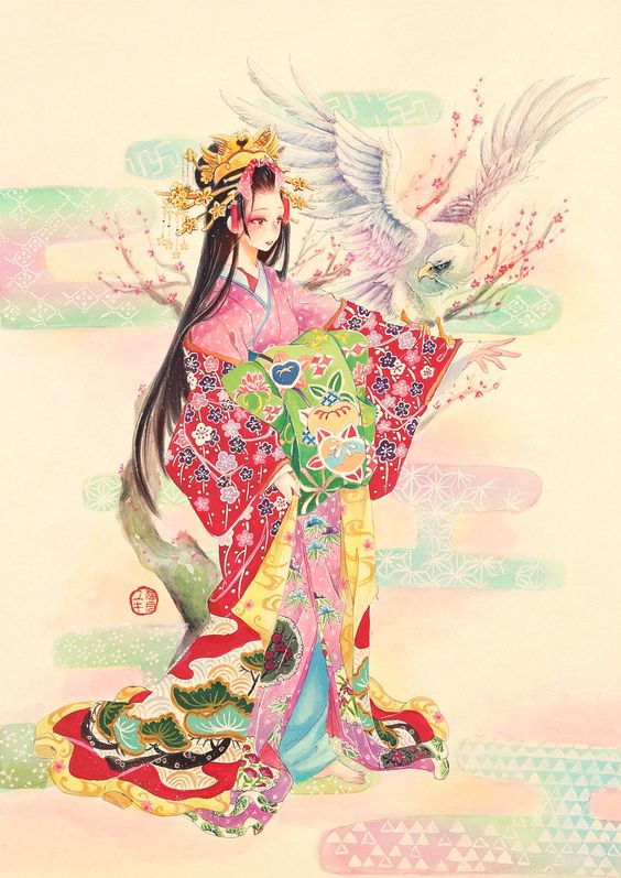 ภาพวาดสาวญี่ปุ่นในชุดกิโมโน