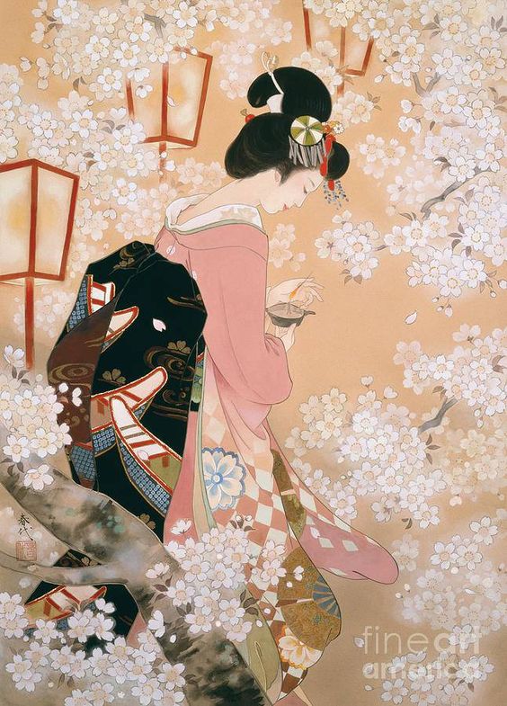 ภาพวาดสาวญี่ปุ่นในชุดกิโมโน