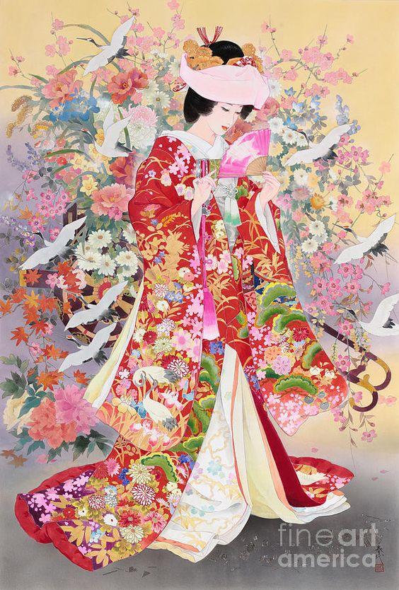 ภาพวาดสาวญี่ปุ่นในชุดกิโมโน
