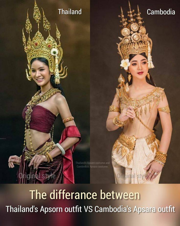 The difference between Thailand's Apsara costume and Cambodia's Apsara costume.
