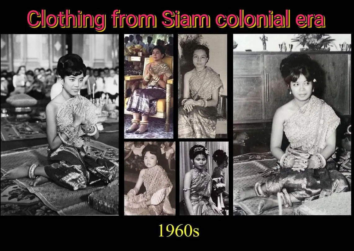 Cambodia history in Siam colonial era.เครื่องแต่งกายราชสำนักกัมพูชา: Khmer sbai: Cambodia costume