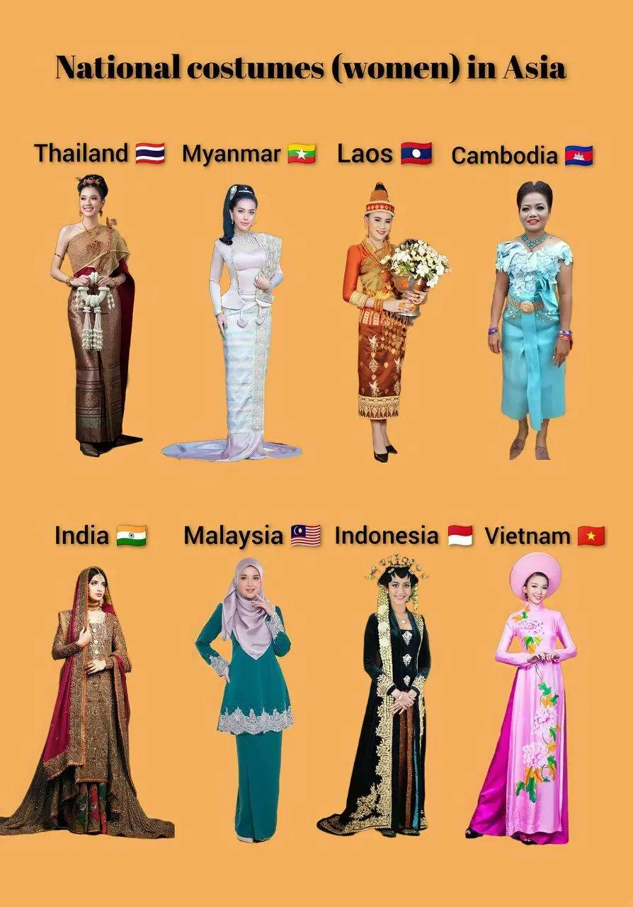ASEAN national costume. Traditional ASEAN clothing. ASEAN wedding dress