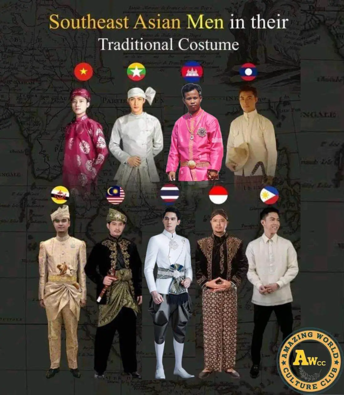ASEAN national costume. ASEAN national dress.Important Historical Sites + Traditional Costumes DES LEUR ARC OF Southeast Asia. Cambodia history.